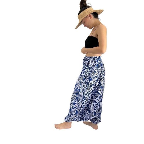 Apau ~ Gender Fluid Aladdin Gypsy Pants Blue White Tropical Floral Leaf Design - Picture 4 of 14